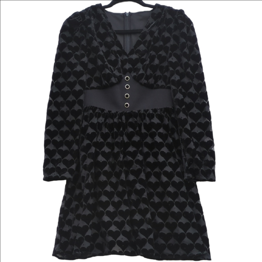 Heart Patterned Black Velvet Dress Medium